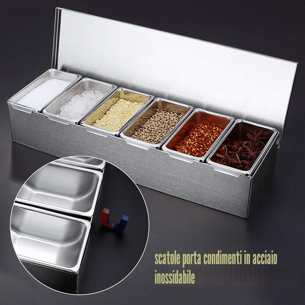 Contenitore per ingredienti in acciaio inox, 6 scomparti, contenitore in acciaio inox, capacità con coperchi per spezie, utensili da cucina