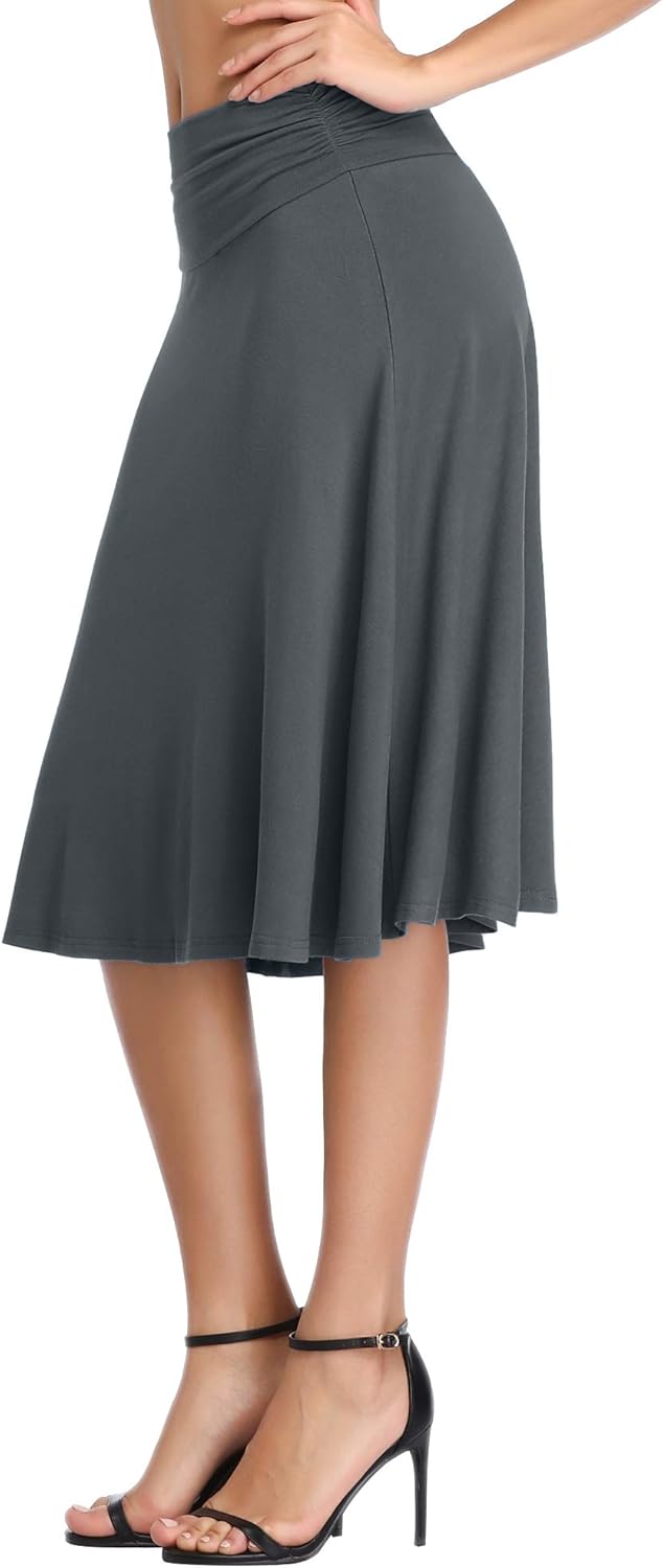 Urban CoCo Women's Ruched High Waist Knee Length Jersey A-Line Stretchy Flared Casual Skirt - Image 3