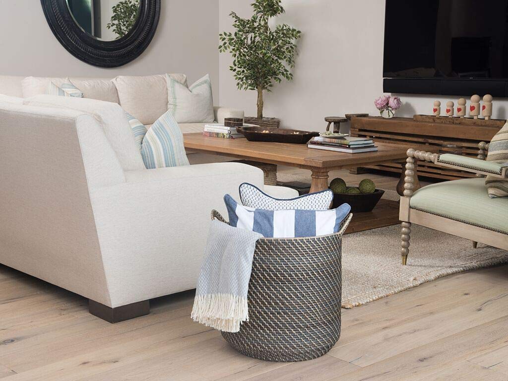 KOUBOO Laguna Round Rattan Storage Basket with Ear Handles, Wicker Basket for Blankets, Laundry Hamper, Indoor Plant Basket, Decorative Home Organizer, Black-Wash, Large