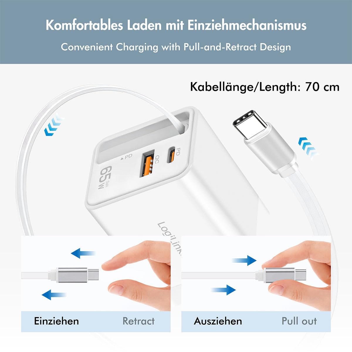 LogiLink GaN - Caricabatterie da 65 W, Quickcharge (QC), PowerDelivery (PD), sovracorrente, surriscaldamento, sovraccarico, sovratensione, sovraccarico e cortocircuito