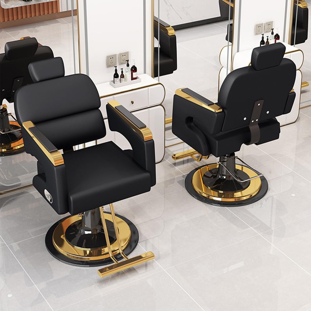Luksusowe krzesło fryzjerskie Hydrauliczne eleganckie czarne i złote | Komfortowe wyściełane krzesło fryzjerskie