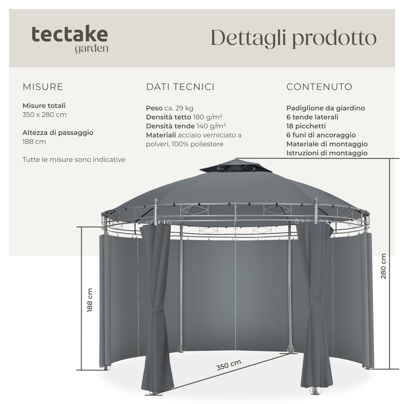 tectake® Gazebo da Giardino Deluxe, Gazebo Esterno Resistente con Teli Laterali, Gazebo da Esterno Regolabile, Gazebo Impermeabile, Resistente ai Raggi UV, Design Elegante - Antracite