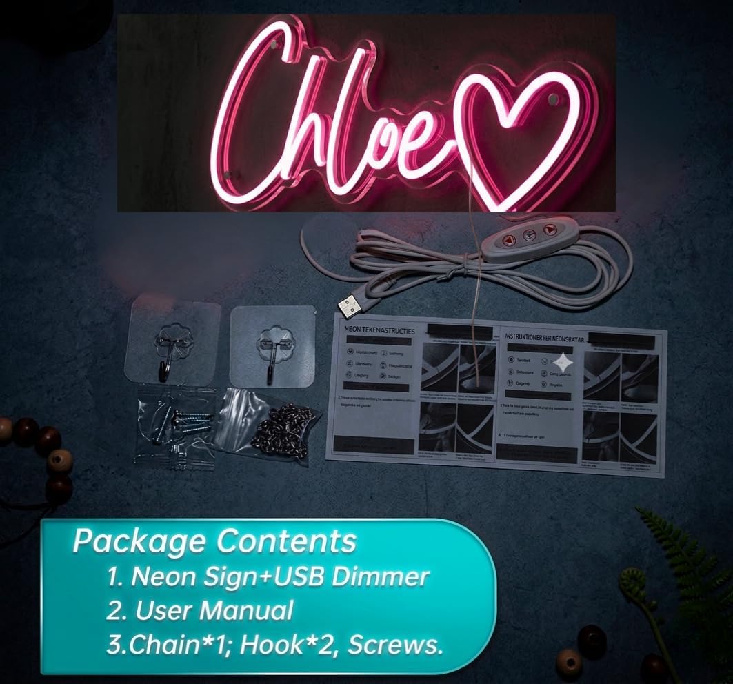 C H L O E - Name LED Neon Sign Wall Decor – Custom Girls Bedroom & Dorm Room Neon Light – USB Powered, Dimmable Name Sign – Same Day Shipping – Gift for Kids, Teens & Nursery (15.7 x 7.9 in)