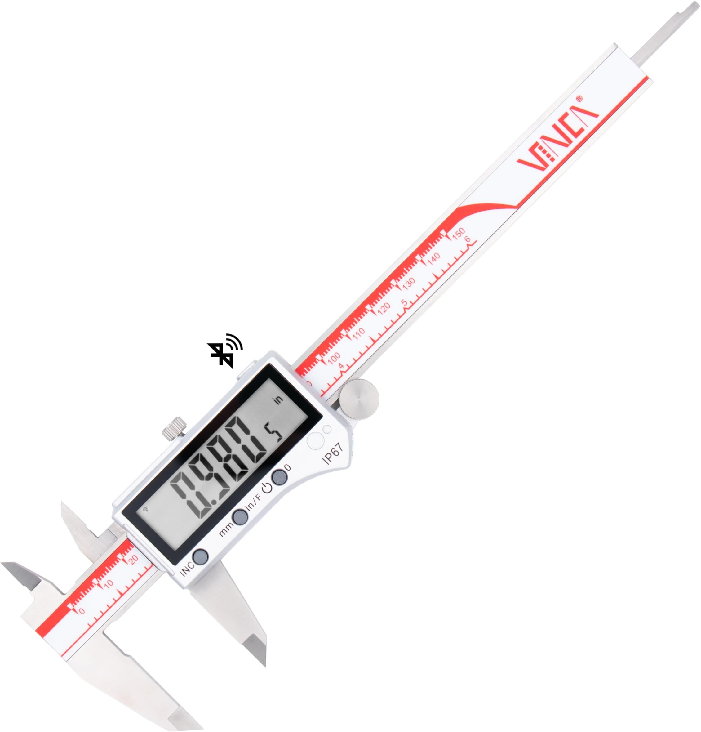 VINCA IP67 Grade Bluetooth Digital Caliper, DIPA-0605B 0-6 Inch/150mm, Inch/Millimeter/Fraction Conversion, Stainless Steel, Large LCD Screen