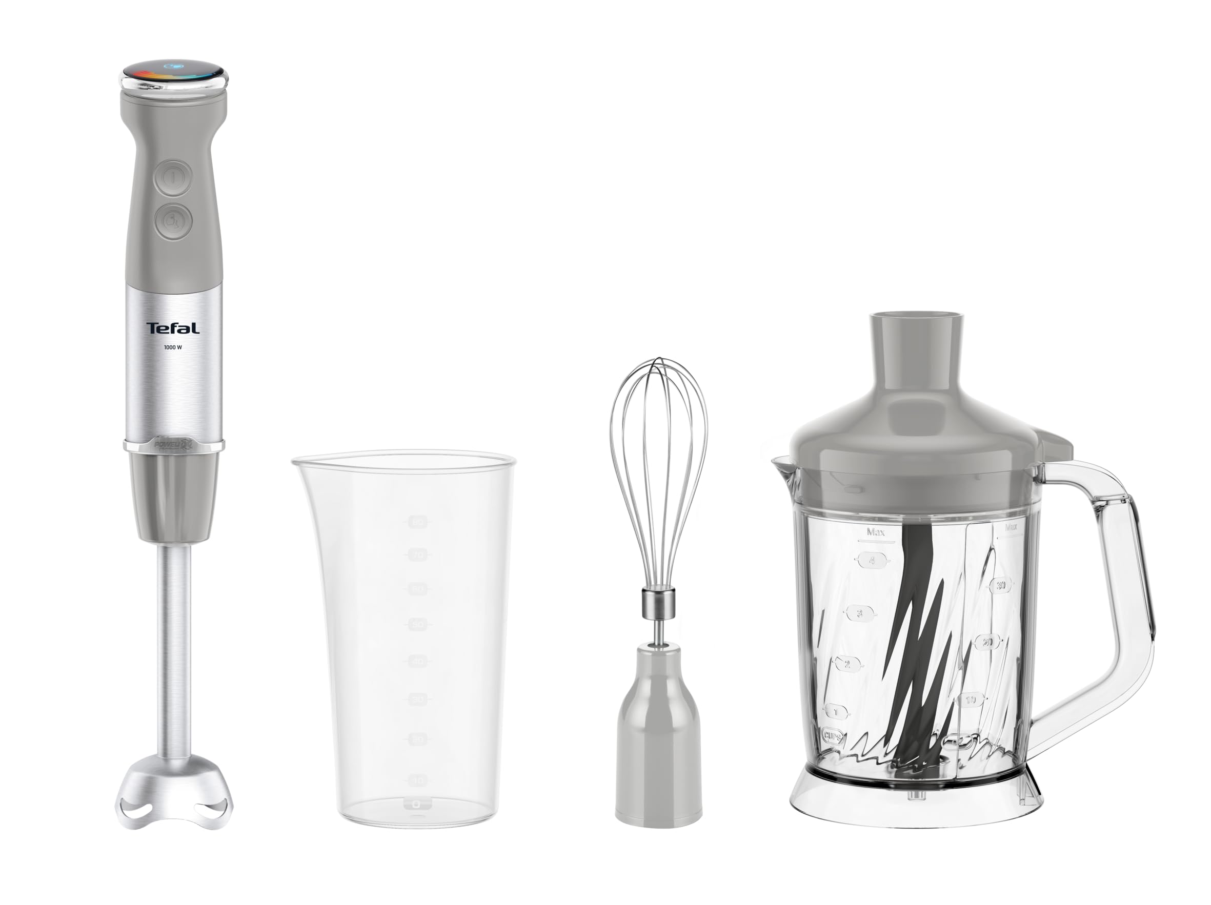 Tefal Quickchef+ HB67MB30 5w1 Blender ręczny XL/rozdrabniacz/trzepaczka/zagniata ciasta/kruszy lód, 1000 W, płynna regulacja prędkości, przycisk Turbo, technologia Powelix, stal nierdzewna, szary
