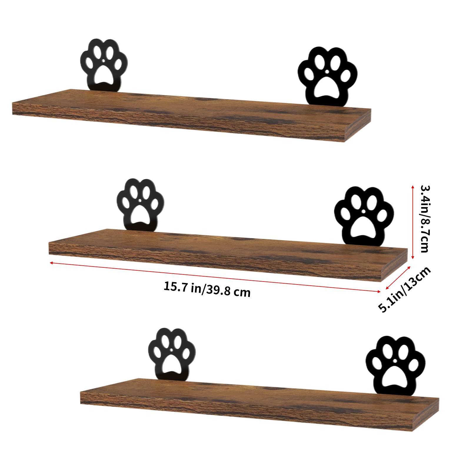 Lavezee Paw Prints Wall Decor Floating Shelves Set of 3, Cute Rustic Wooden Shelf Decorative Living Room, Bedroom, Bathroom, Log Cabin Shelving Wall Mounted