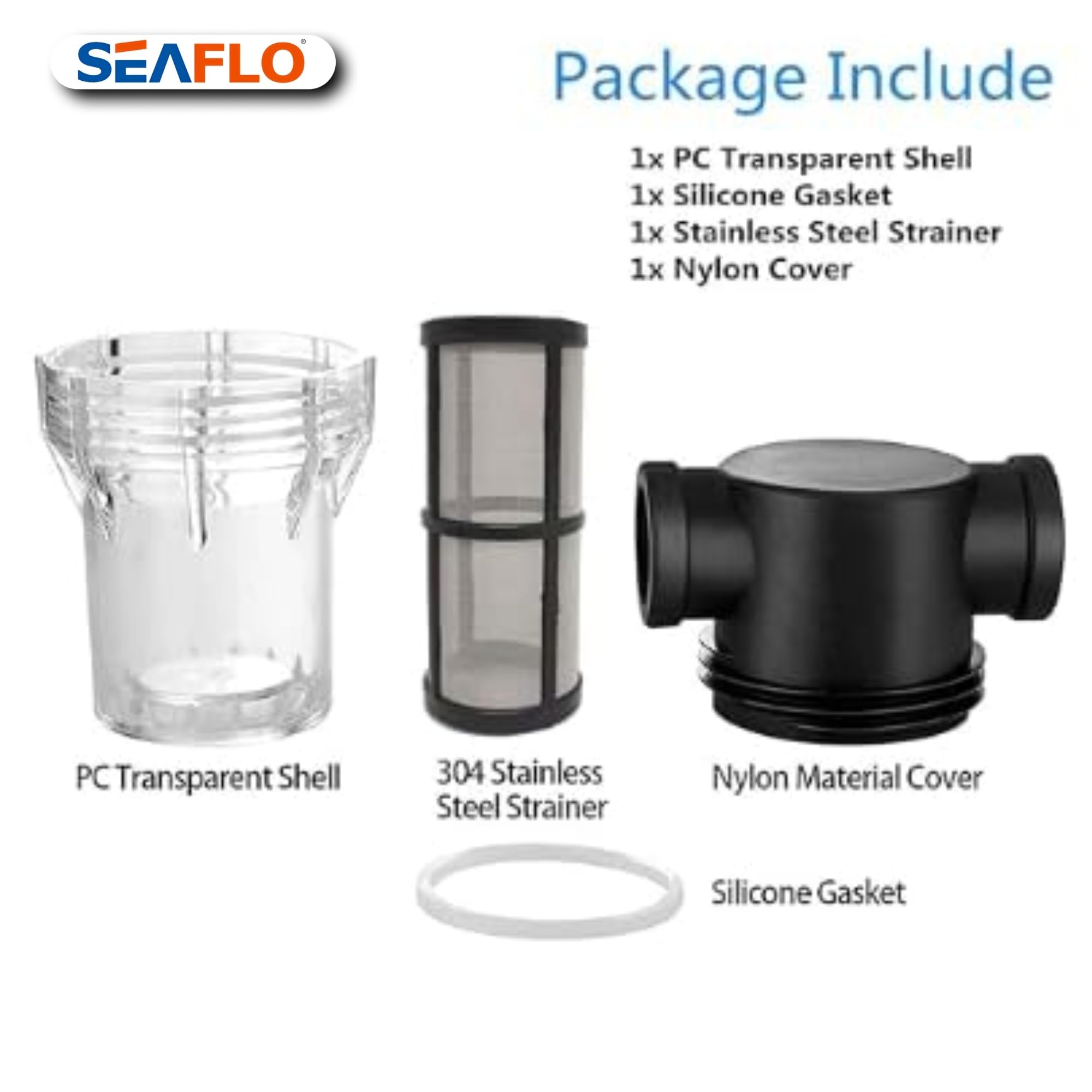 SEAFLO Filtro in linea NPT femmina da 1/2" con filtro in acciaio inox a 100 maglie - ciotola trasparente per una facile pulizia | Modello SF-ST-12 (confezione da 2)