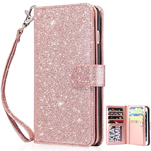 Dailylux iPhone 8 Case, iPhone 7 Wallet Case,Premium PU Leather+TPU inner shell Flip Case With 9 Card Slot Luxury Bling Cover for Apple iPhone 7/8 4.7 inch Women/Girls-Glitter Rose Gold