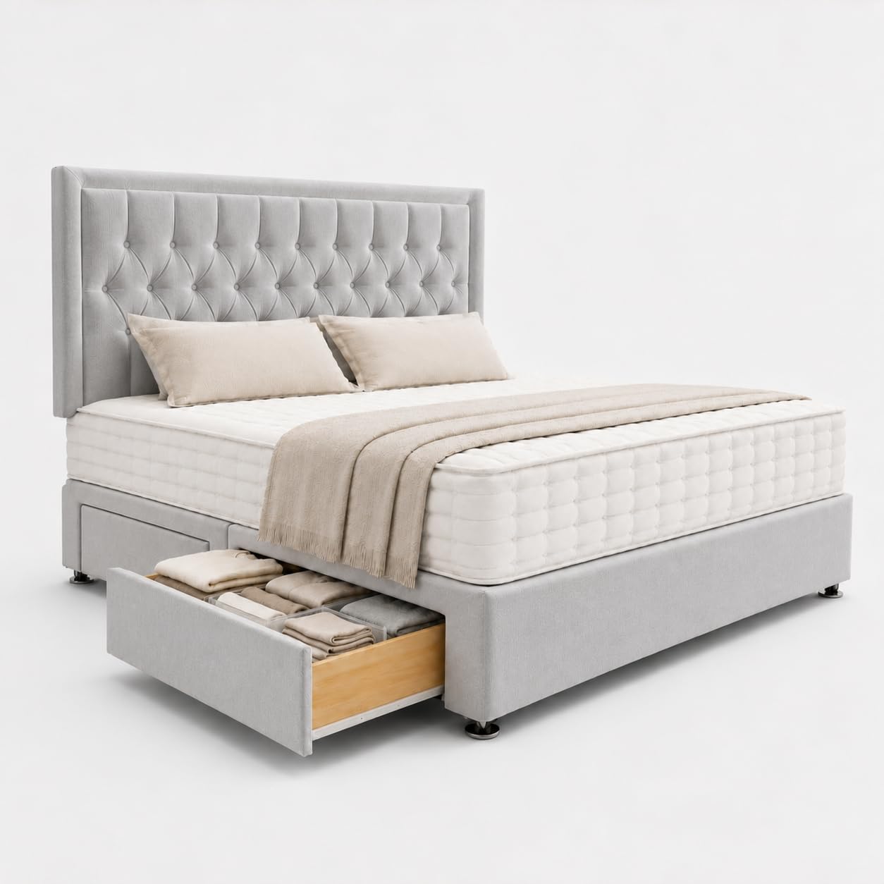 Sleep Tailors Single Bed With Storage 2 Drawers, Plush Velvet 3FT Diamond Tufted Headboard Winged Divan Bed Frame (90 x 190cm) (Silver)