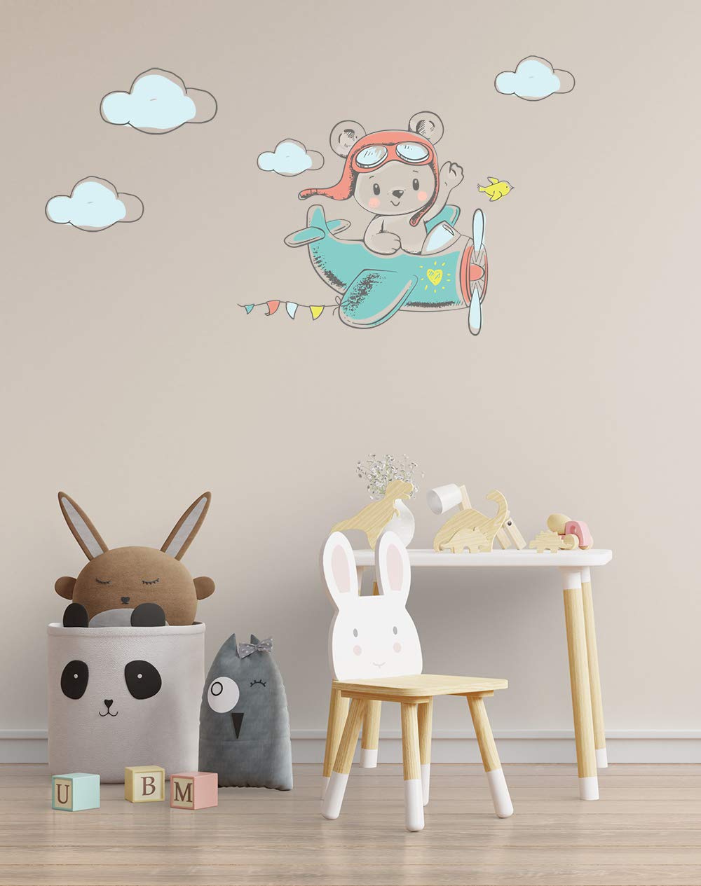 Adesivo Sticker murale per bambini - Orsetto Spaziale - Decorazione parete, adesivi per muro (Aeroplano 66×57cm)