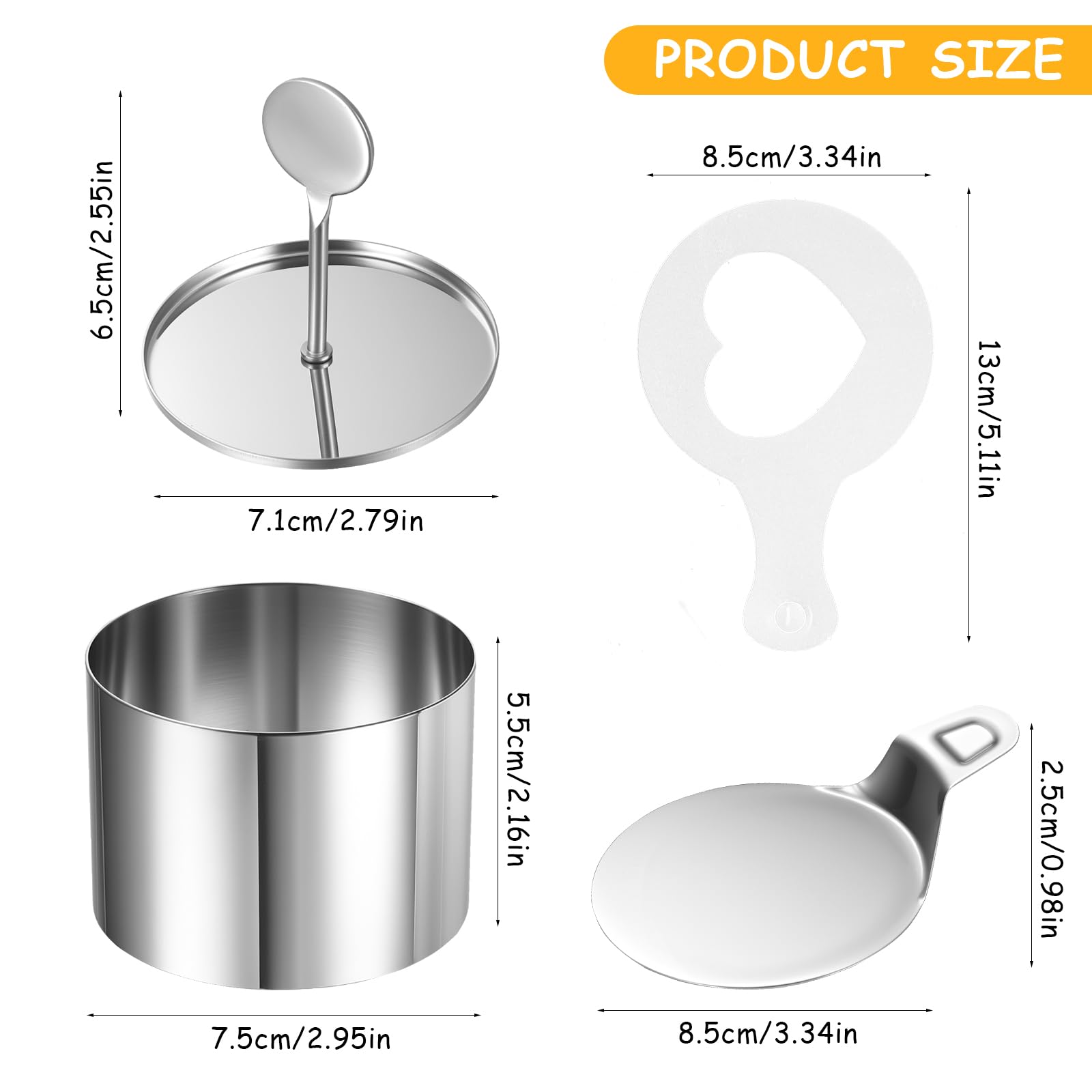 Set di 8 anelli da dessert e fedi nuziali, in acciaio inox, diametro 7,5 cm, con coperchio, base e stencil, forma rotonda per tortine