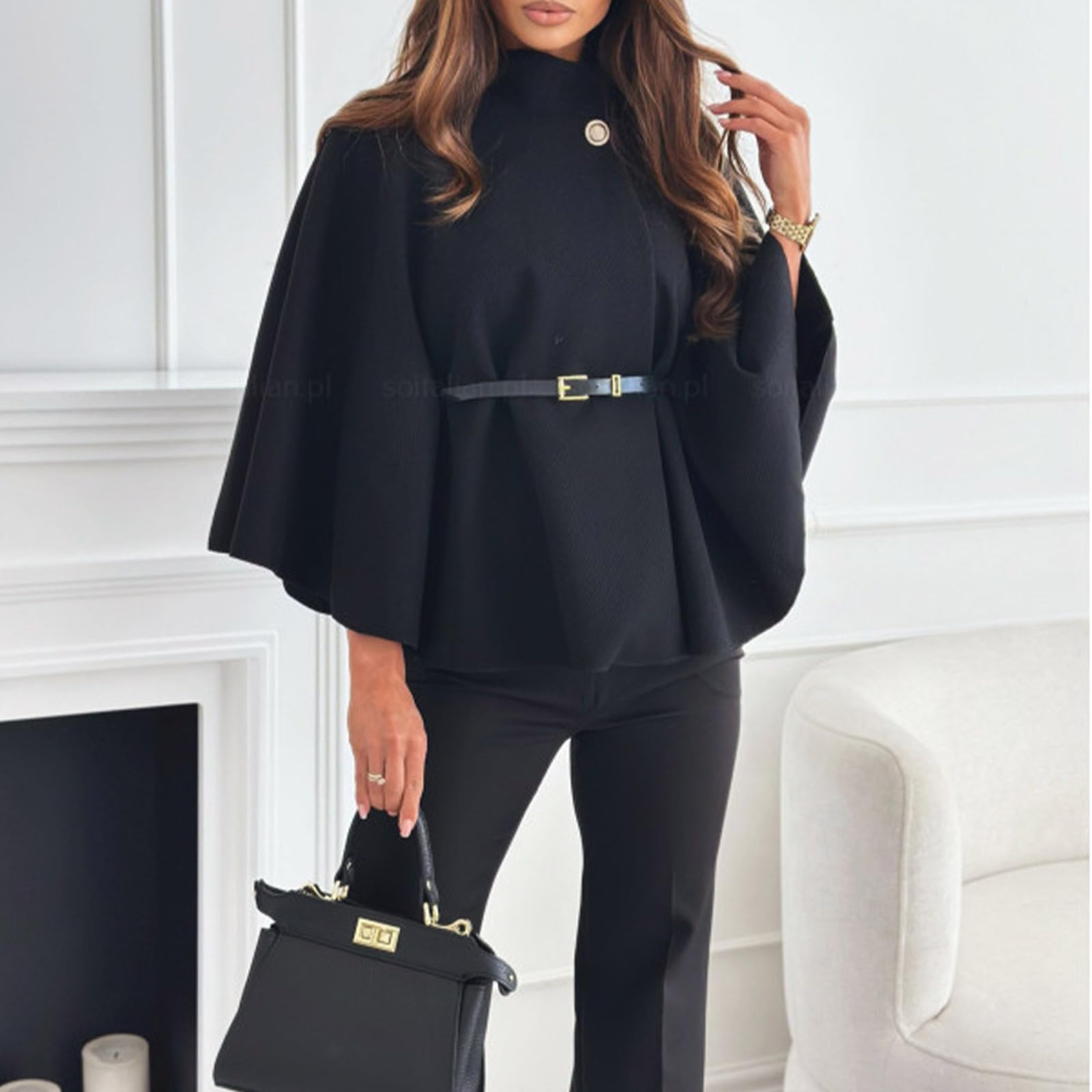 Damen Poncho Pullover Rollkragen Strick Ponchos Capes Frauen Mit Gürtel Winterpullover Elegant Winterumhang Damenpullover Winter Herbstjacke Frühling Umhang Geschenk Geburtstag Weihnachten