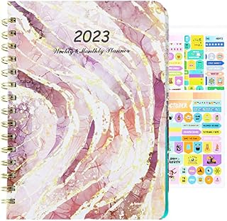 Kaket Diary 2023, A5 Diary Planner 2023 Diary, Week to View Planner from Jan 2023 to Dec 2023, Diary 2023 with 12PC Stickers, Twin-Wire Binding, Hard Cover, Elastic Closure, Inner Pocket (Pink1)