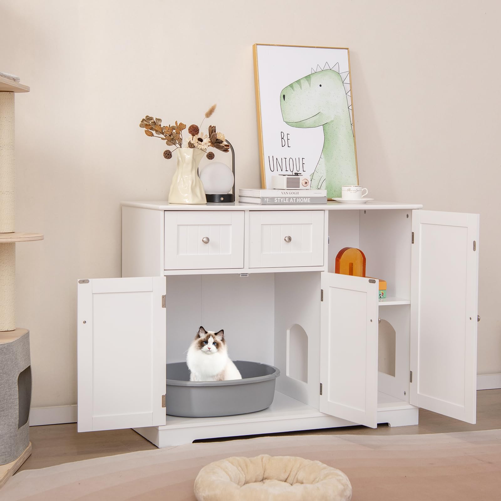 GOPLUS Meuble Litiere Chat avec Trou d’Entrée Latéral, Cache Litiere Chat à 2 Porte, Plateau Spacieux, 100 x 45 x 80 CM, 2 Tiroirs et 2 Compartiment de Rangement pour Chaton, Idéal pour Chambre, Blanc