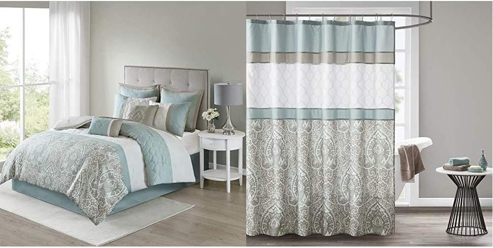 510 DESIGN Luxe Quilted Comforter Set and Matching Embroidered Shower Curtain, Modern Decor, All Season Bedding with Built-in Liner, Queen, Shawnee Scrollwork Seafoam