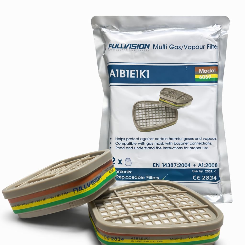 FullVision 6059 Multi-Gas/Dampf-Filter A1B1E1K1, Bajonett-Anschluss, Schutz vor organischen Dämpfen, anorganischen Gasen, Schwefeldioxid, Ammoniak, 2 Stück