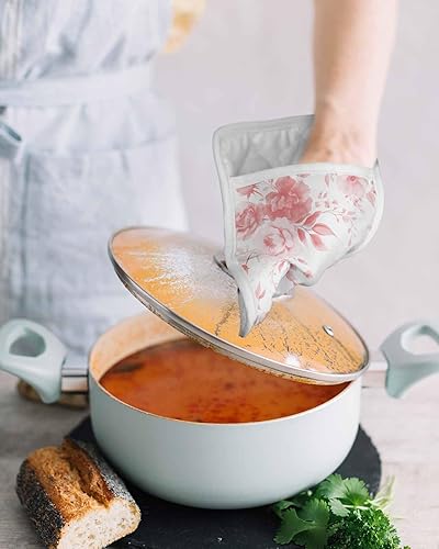 Miniatura 32 de Juego de 4 agarraderas de tela de rizo con diseño de flores navideñas para cocina, antideslizantes y aislantes de calor, con bolsillo, guantes