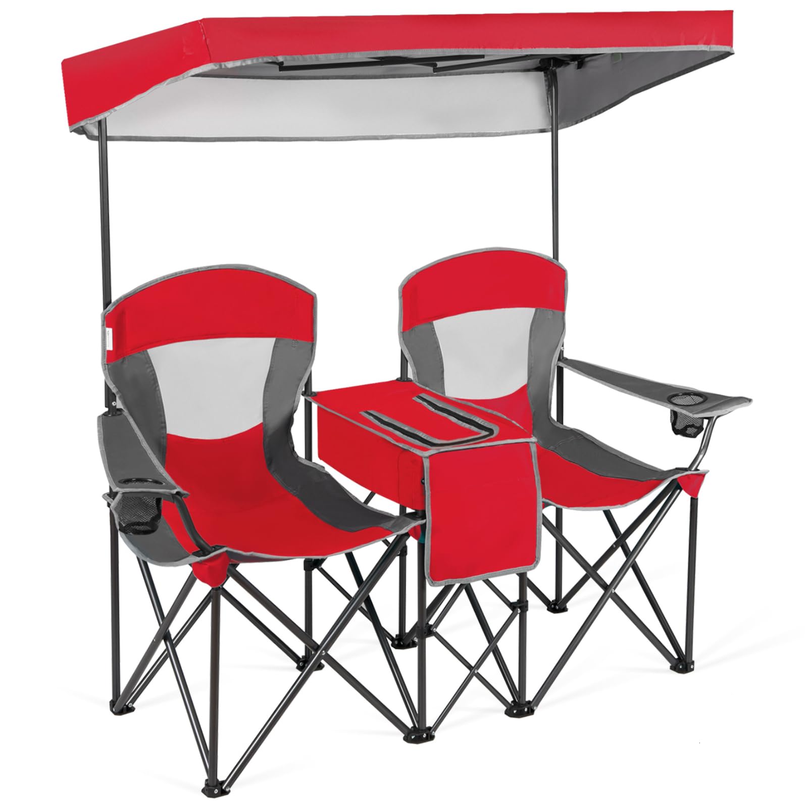 TANGZON Double Camping Chair, Outdoor Folding Loveseat with Shade Canopy, Cup Holder, Cooler Bag, Side Pocket & Carrying Bag, Portable Picnic Chair for Patio BBQ Fishing (No Roll-up Shade, Red)