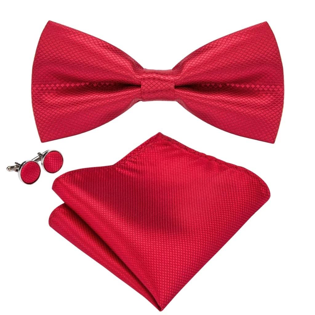 Corbata para hombre, conjunto de pajarita roja sólida, lazos de boda de seda, gemelos cuadrados de bolsillo, corbata de novio de mariposa preatada ajustable