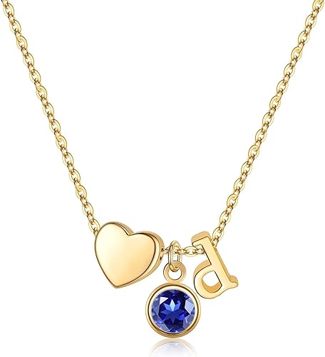 Ursilver Initial Birthstone Necklaces for Women - Dainty Heart Initial D Letter 