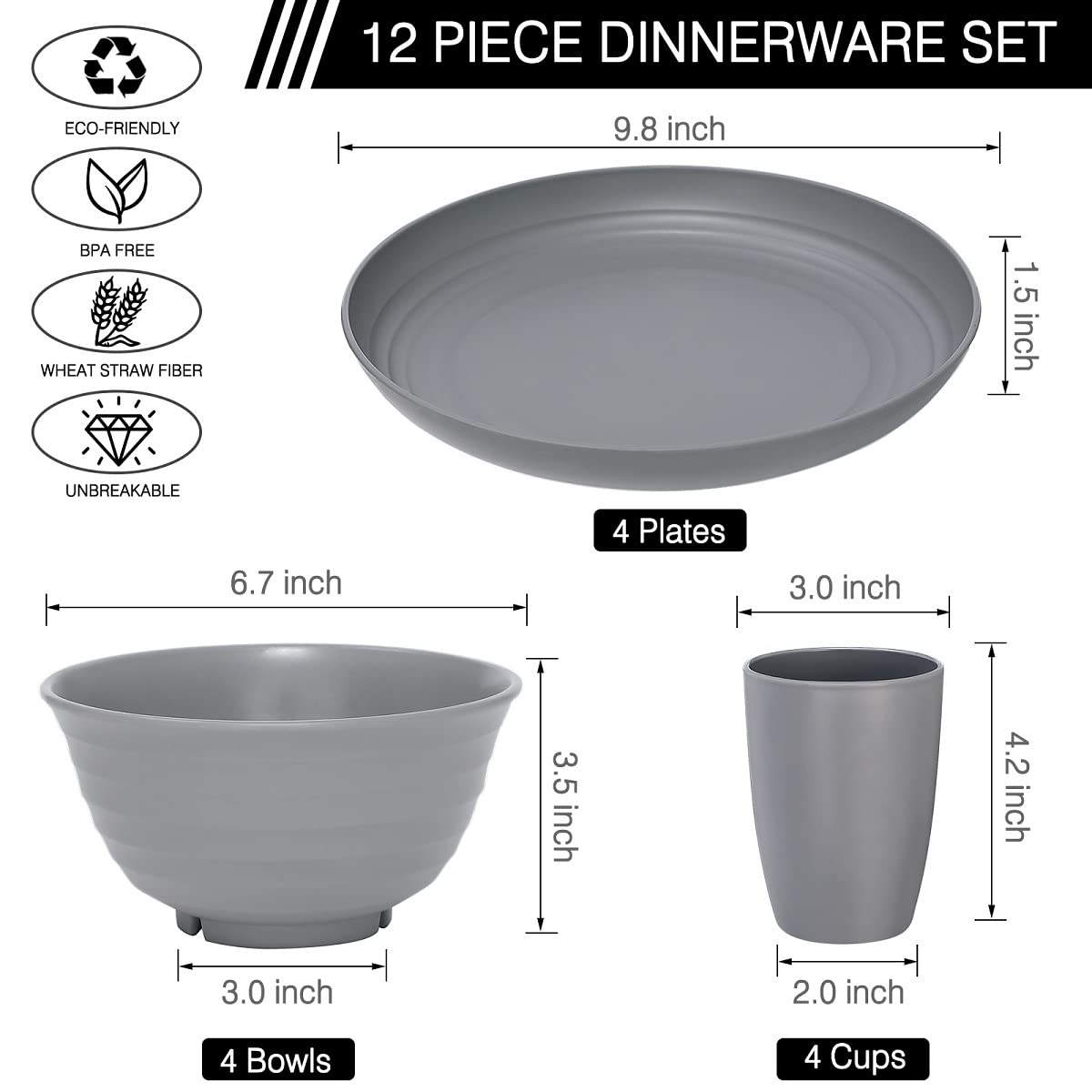 12pcs Plastic Wheat Straw Dinnerware Sets, Wheat Straw Plates and Bowls Sets for 4 College Dorm Room Essentials Microwave Dishwasher Safe (Gray)