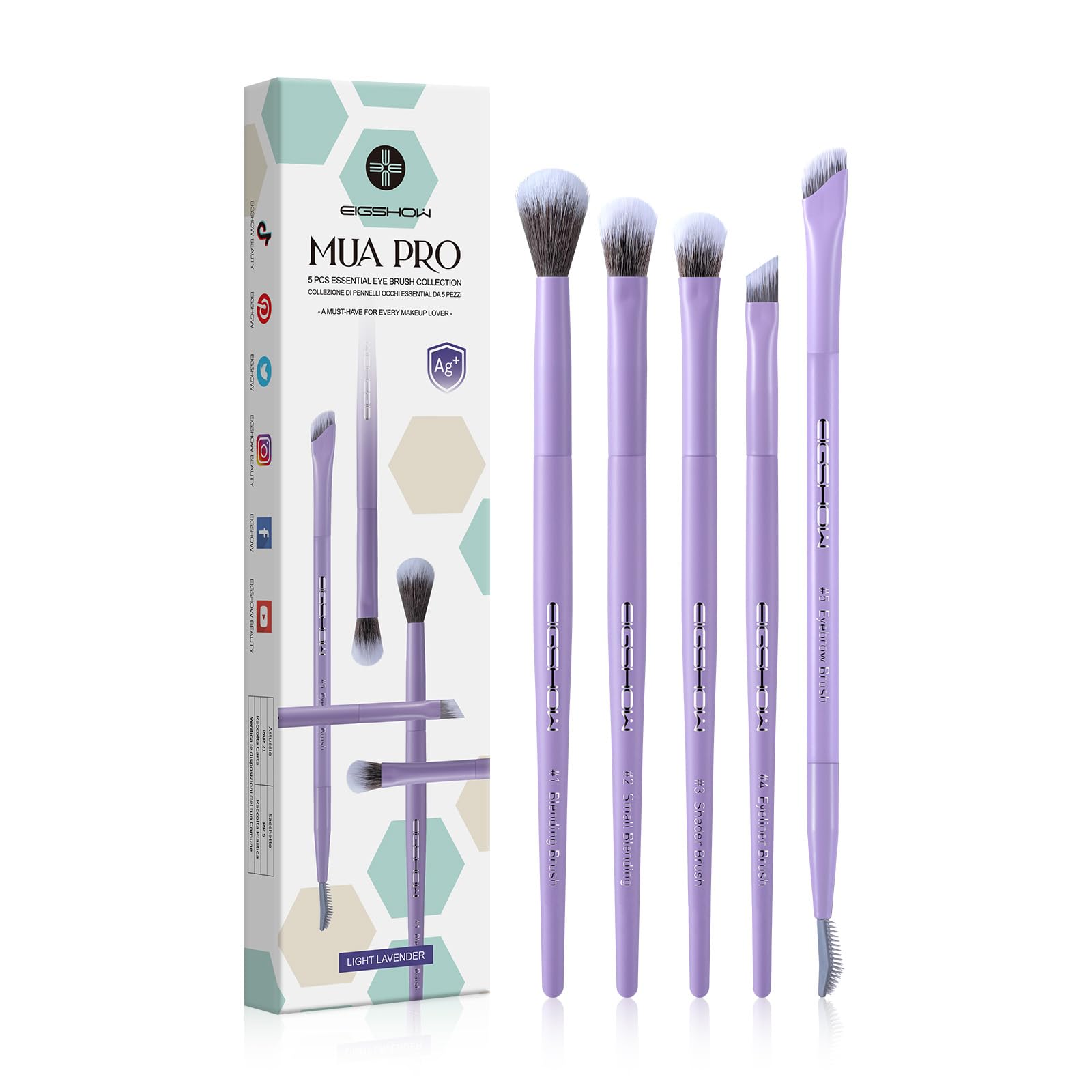 Eigshow Set di Pennelli Trucco Occhi – Pennelli con Tecnologia Ioni d'Argento, Serie MUA PRO, Ombretto, Eyeliner, Sopracciglia, Setole Ultra Dense, Miglior Regalo per Donne (5 Pezzi, Viola)