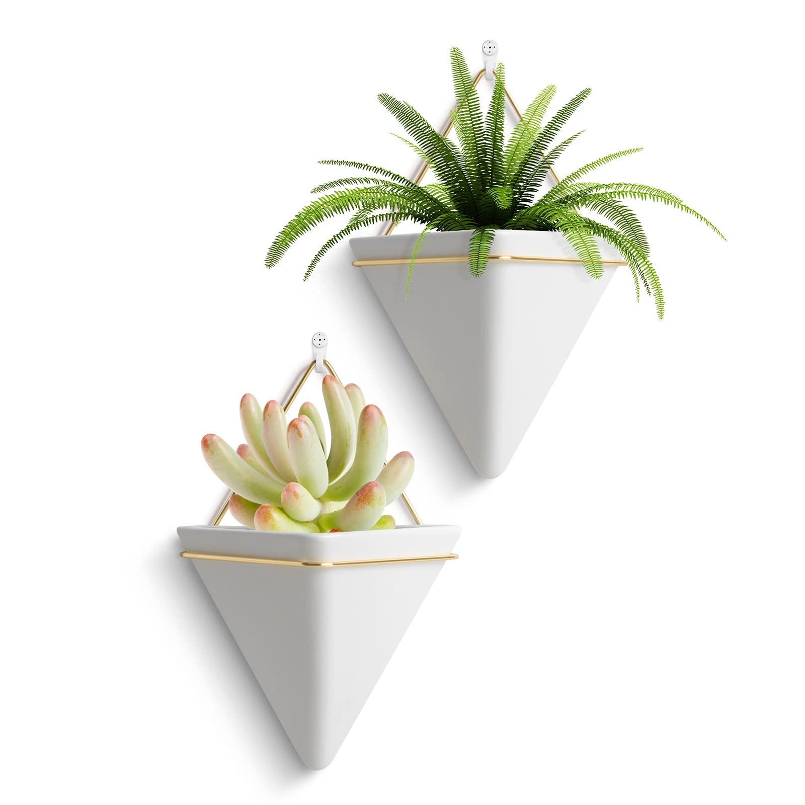 Excefore Hanging Planter, 2Pcs Ceramic Geometric Wall Planters Plant Holder Container with Hooks for Indoor Outdoor Wall Decor, Ideal Gift for Family Friends