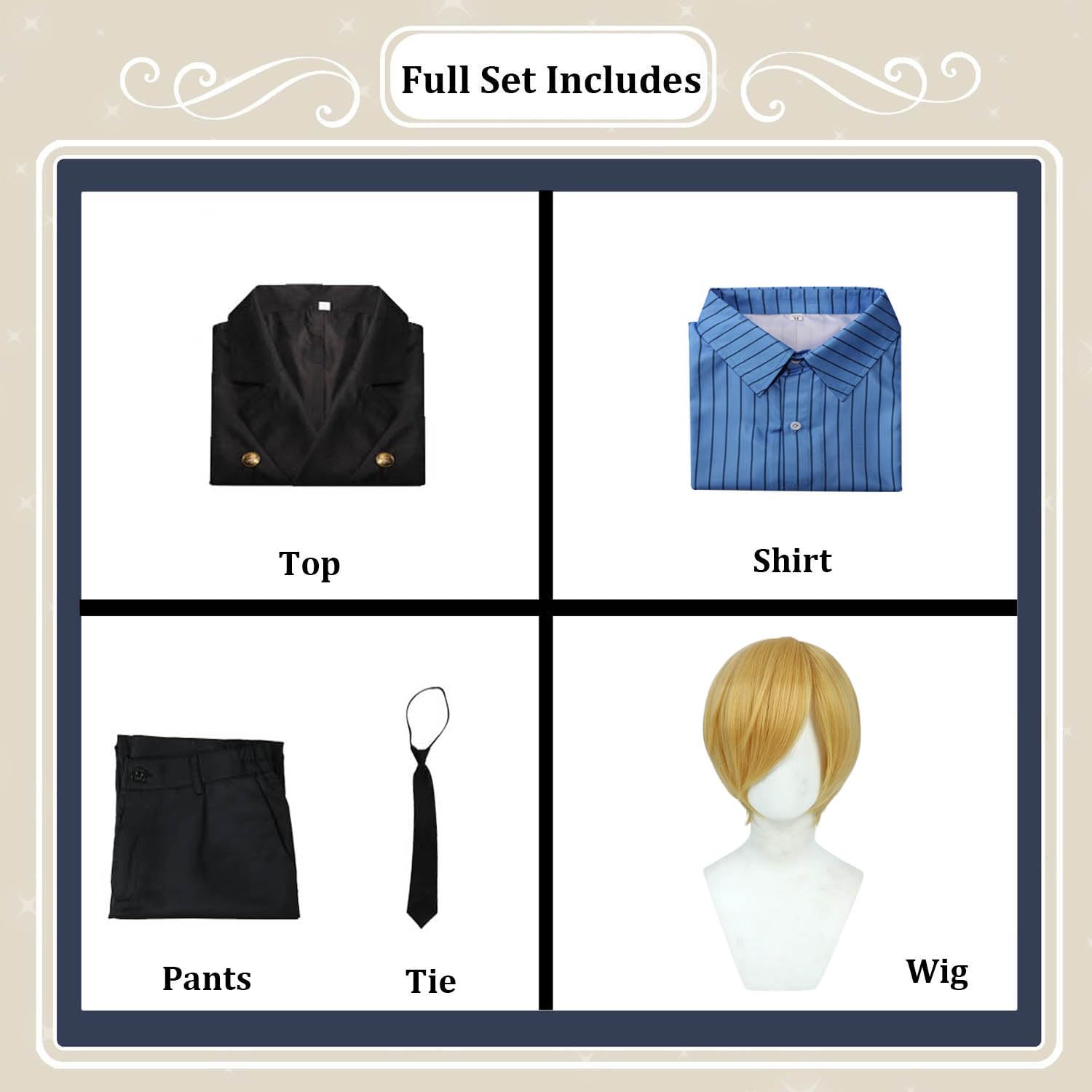 Anime Personaggio Sanji Cosplay Costume Vestito One Piece Monkey D. Luffy Gioco di Ruolo Uniforme Set Completo Halloween Carnevale Dress Up Suit con Parrucca per Uomini