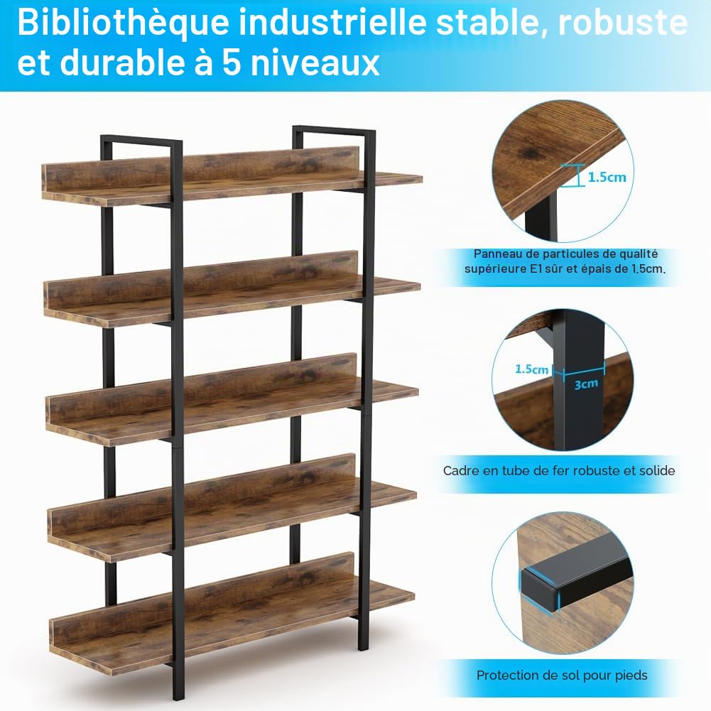 Tribesigns Bibliothèque industrielle à 5 niveaux, étagère échelle, étagère de rangement, cadre en acier, assemblage facile, marron rustique, HOGA-U0111-new
