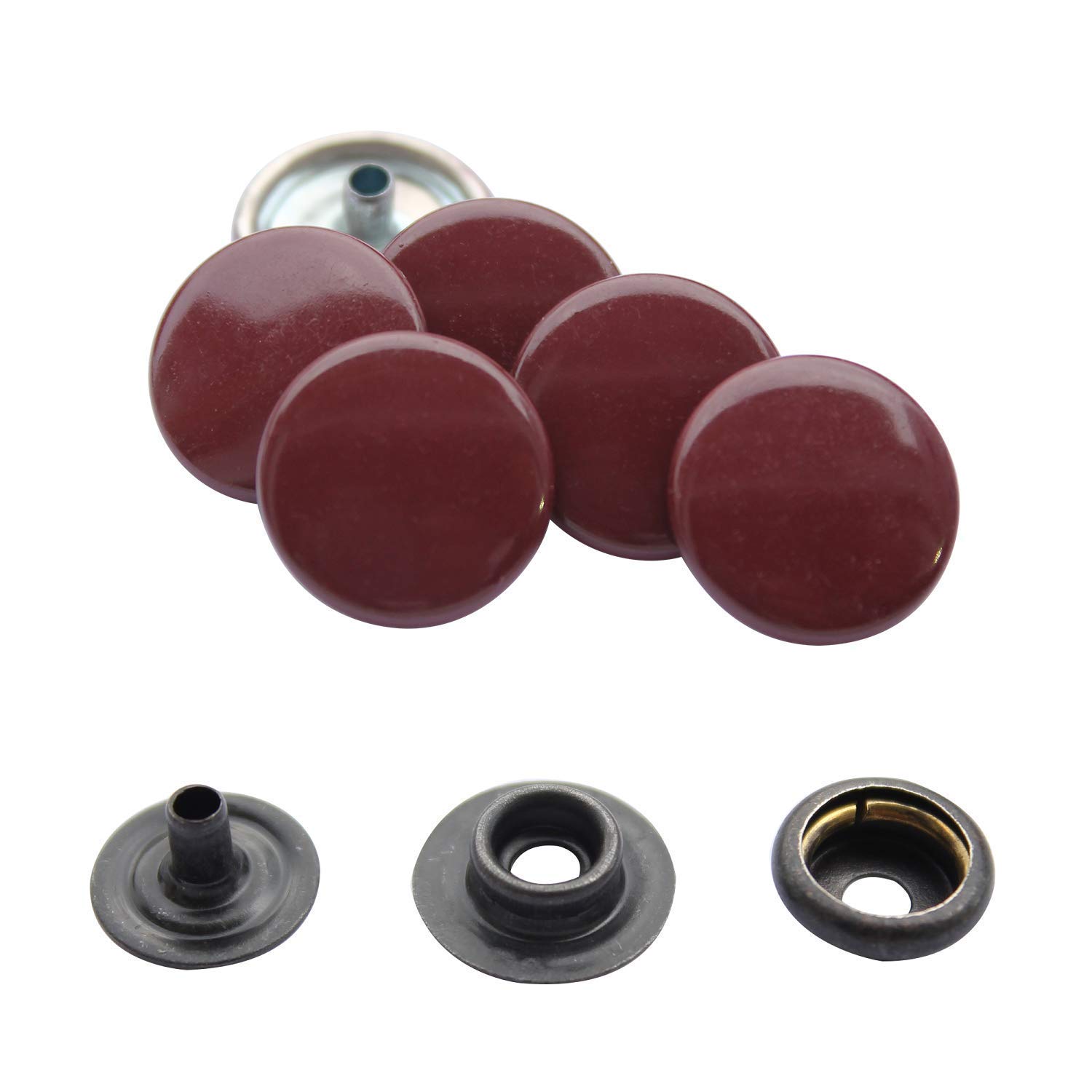 WedDecor Wine Red 15mm Press Studs Heavy Duty Metal Nickle Free 4 Parts Snap Fasteners Rivets Button for Leather Crafts, Jackets, Bags, Straps, Jeans, Clothes Repair - Pack of 10
