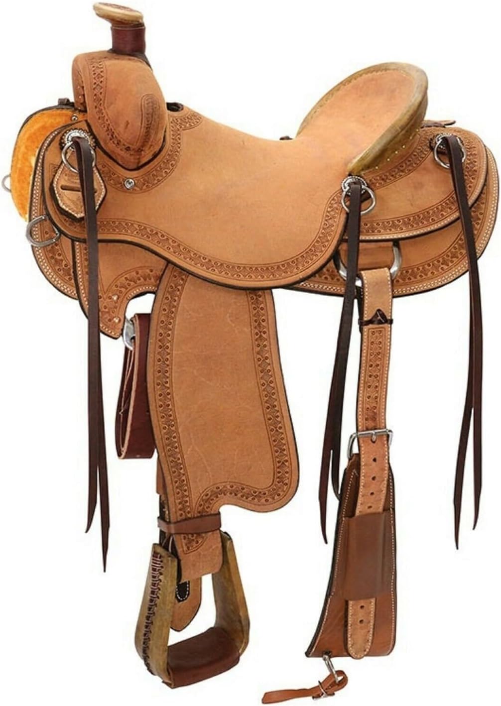 Western Horse Saddle Wade Tree A Fork Ranch Roping Work Handmade Tooled Carved Premium Leather Equestrian Trail Horse Saddle for Horse Riding Size: 10-18 inches Seat, OS63