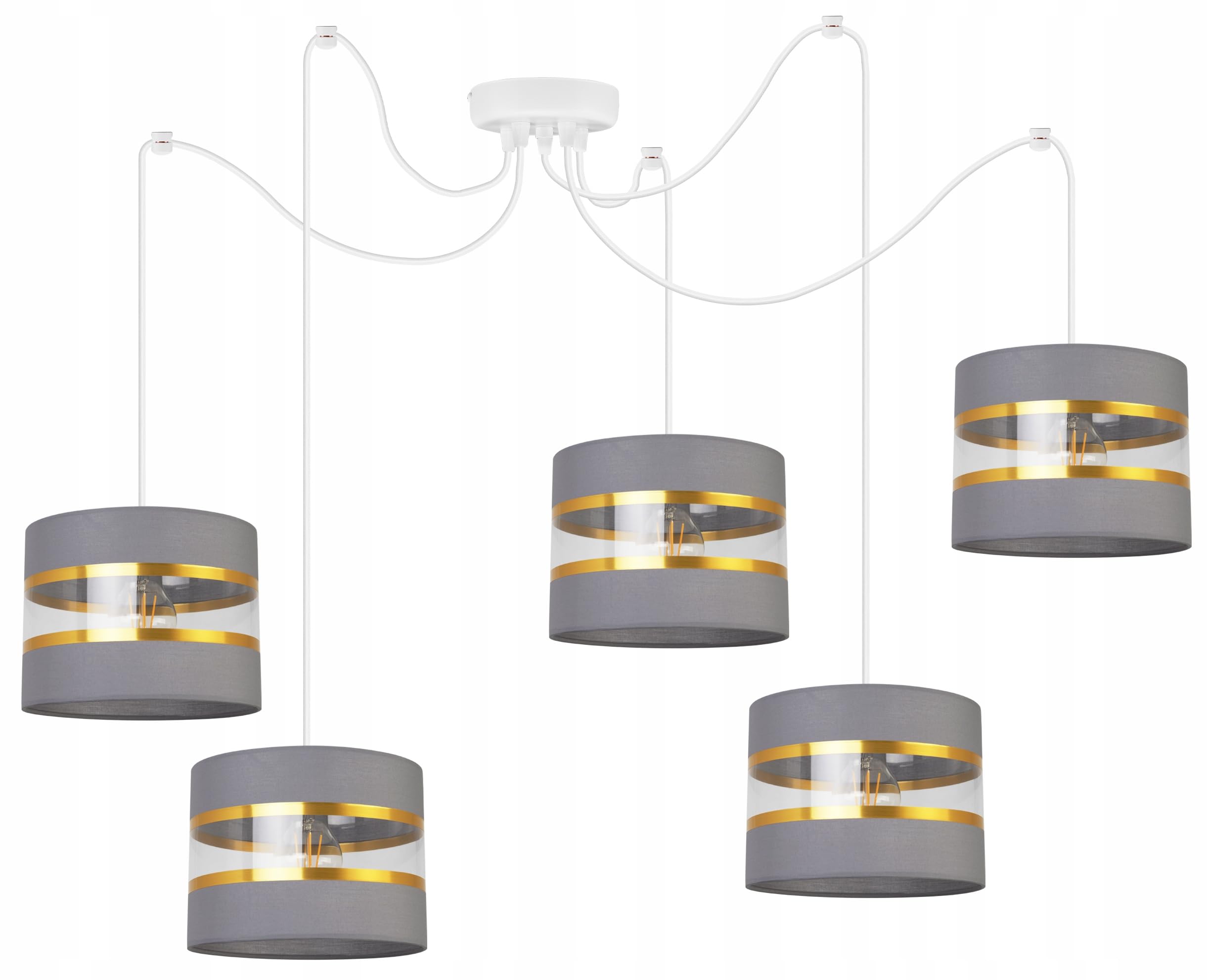 Light-Home Spider Elegance Deckenleuchte Pendelleuchte - Moderner Deckenleuchter für Schlafzimmer Wohnzimmer und Küche im Glamour - E27 mit 5 Lichtpunkten - Lampenschirm Stoff 20cm - Weiß und Grau