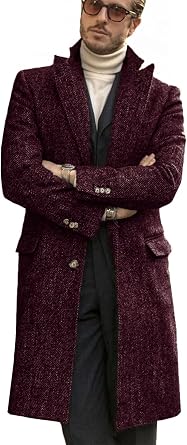 Mens Trench Coat Herringbone Single Breasted Long Jacket Formal Casual Peacoat Overcoat Fall Winter Warm