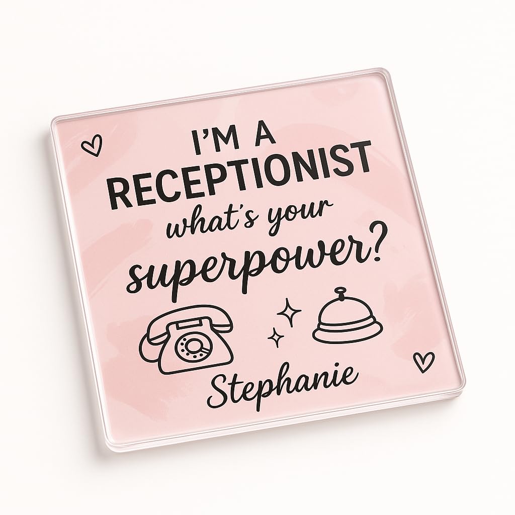 The Plum Penguin Receptionist Personalised Acrylic Coaster Gift - Superpower Design With Vintage Elements And Sparkle Accents Desk Décor