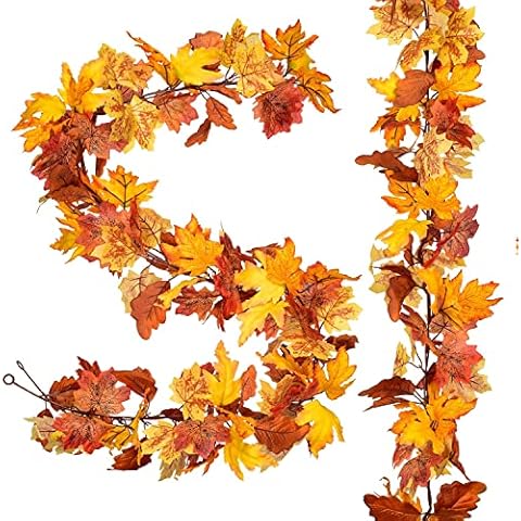 2 Pack Artificial Maple Leaf Garlands, 5.75Ft/Piece Autumn Hanging Leave Vines Decoration for Wedding Party Thanksgiving Dinner Fireplace Door Frame Doorway Backdrop Décor Cover