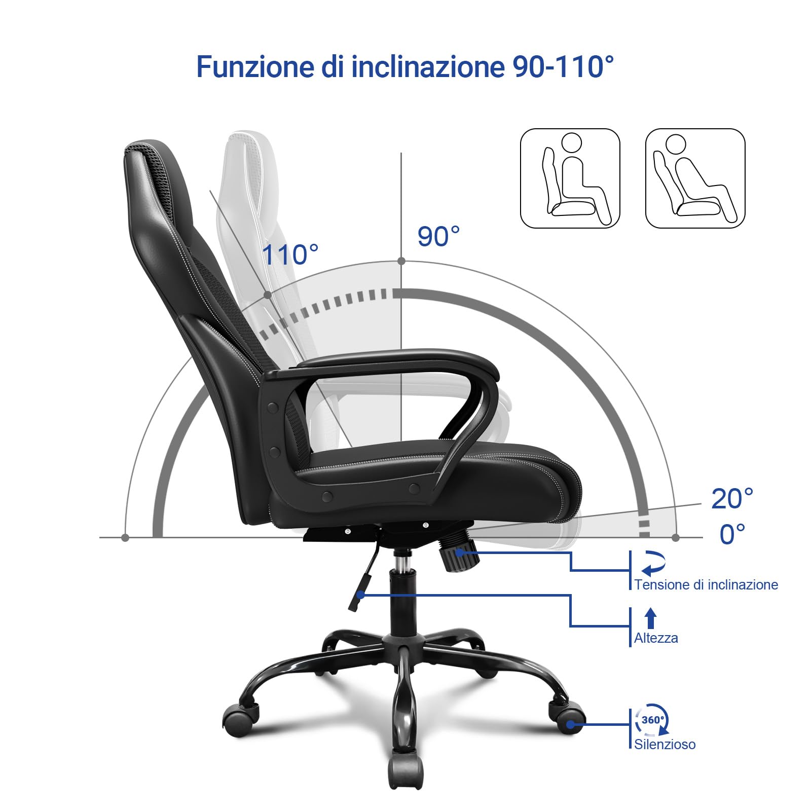 BASETBL Sedia da Ufficio Ergonomica con Supporto Lombare, Sedia Scrivania Poltrona Girevole ad Altezza Regolabile per Ufficio e Studio — Nera