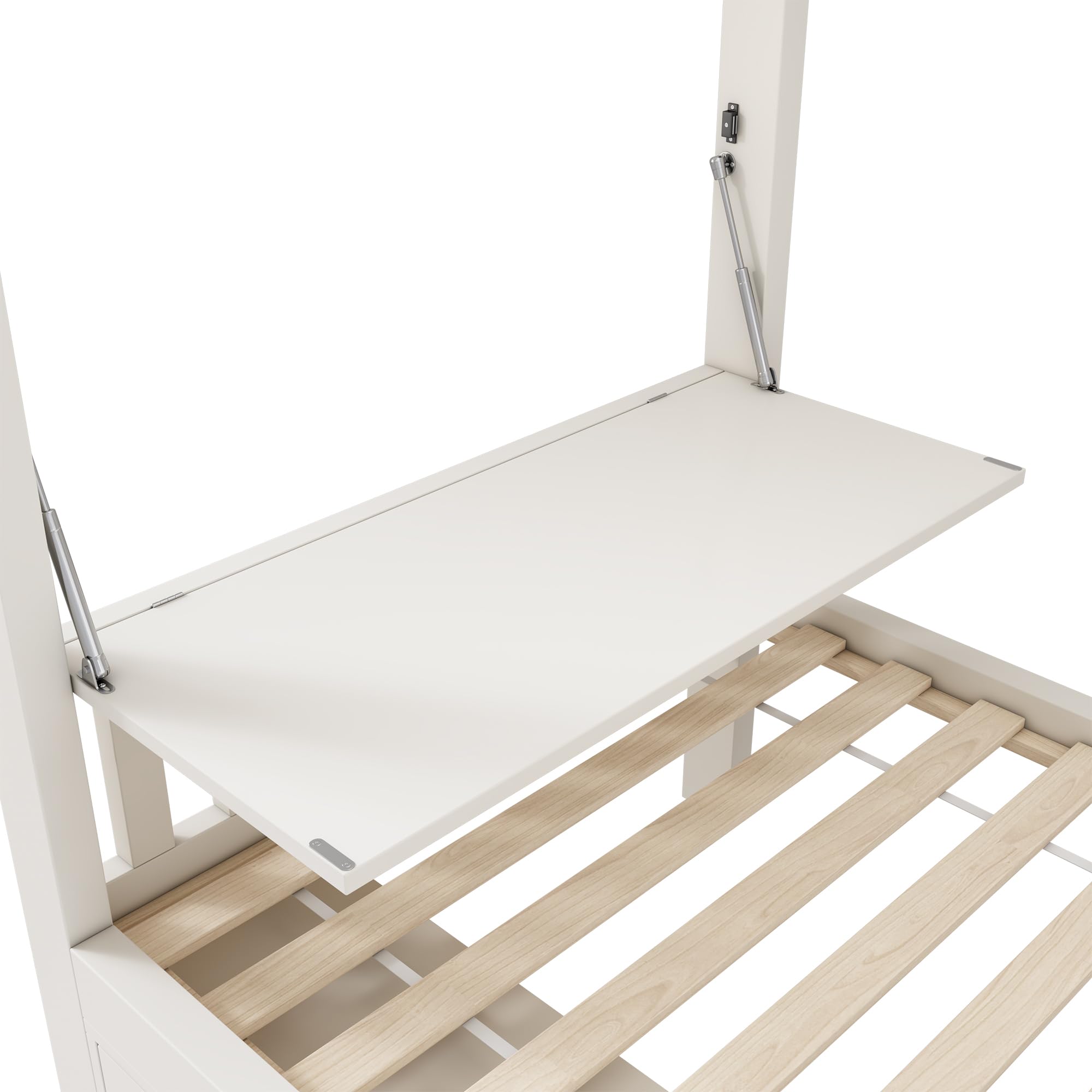 Cama alta para niños, 90 x 200 cm, color blanco, con tablero plegable y zapatero integrado, somier, solución todo en uno, certificado EN747, sin colchón