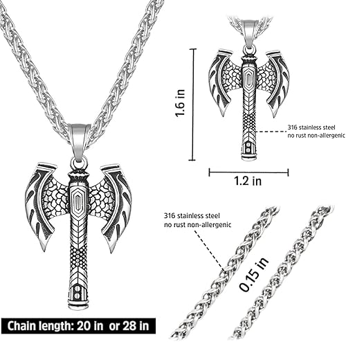 Miniatura 4 de BAVIPOWER Collar nórdico de hacha para hombre, nórdico de una sola cara, doble cara, dije de hacha de batalla de acero inoxidable, protección de