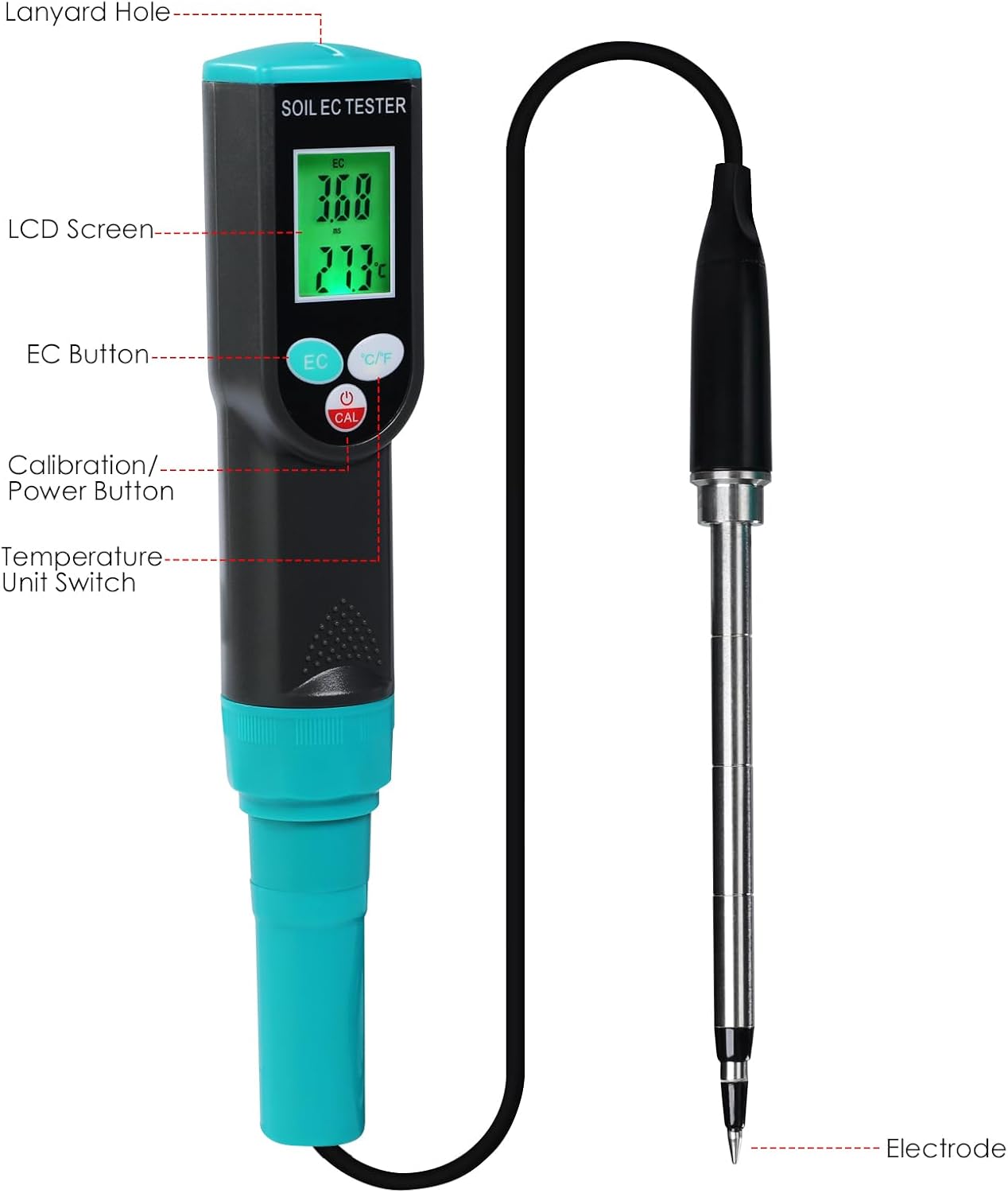 2 in 1 EC & Temperature Meter, Digital EC Meter for Soil with IP67 Waterproof Electrode, Portable Soil EC Meter Soil Tester with ATC for Gardening, Agricultural, Farming, Lawn, Plants