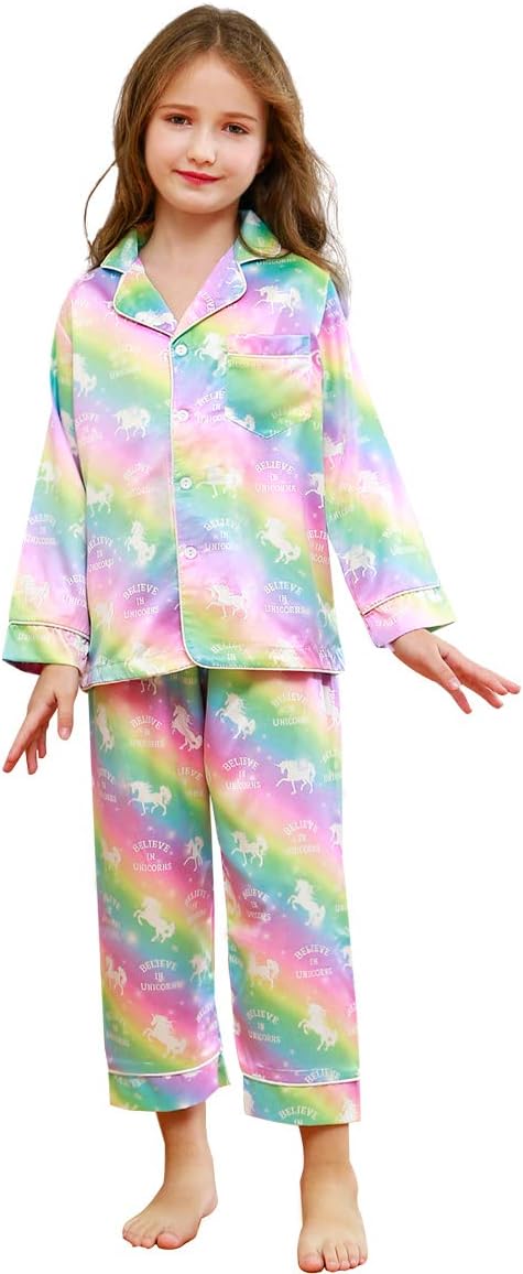 Kids Unicorn Satin Pajamas Set Long Sleeve Night Sleepwear Homewear Set