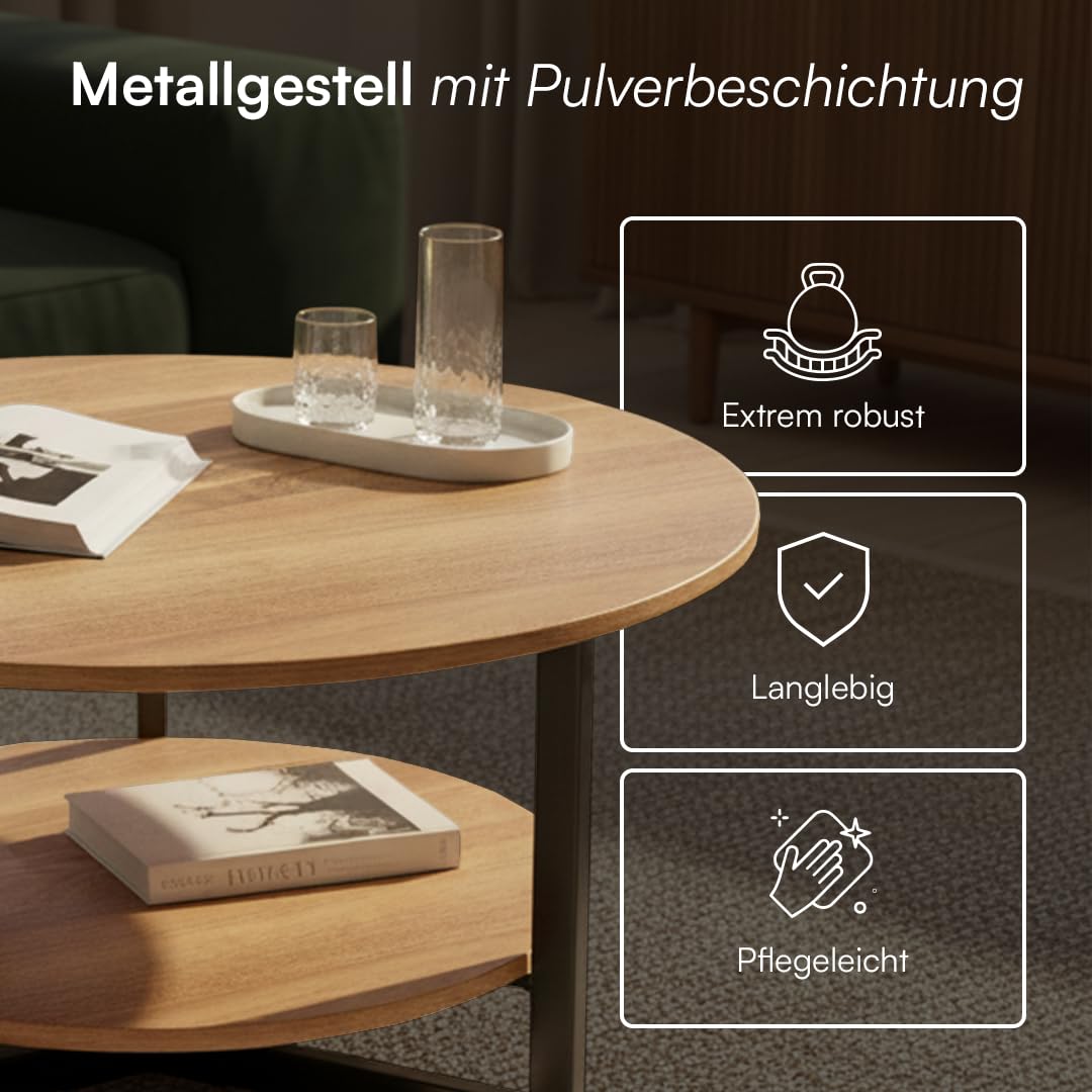 skølm Drakkar Couchtisch rund Ø70 cm – Wohnzimmertisch aus Massivholz Eiche & Metallgestell – Sofatisch mit 2 Ablagen – Kleiner Beistelltisch geölt – Holztisch Wohnzimmer mit Stauraum – Coffee Table
