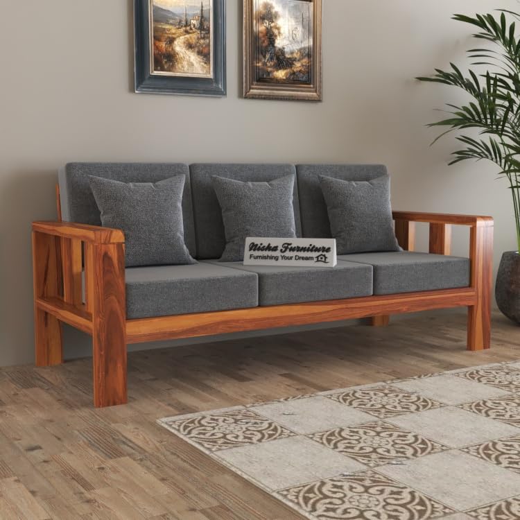 Image of Sheesham Wooden Sofa Set 3 Seater Sofa for Living Room, Office, Home Furniture, 3 Seater Sofa Set with Cushion in Natural Teak Finish | sheesham wood