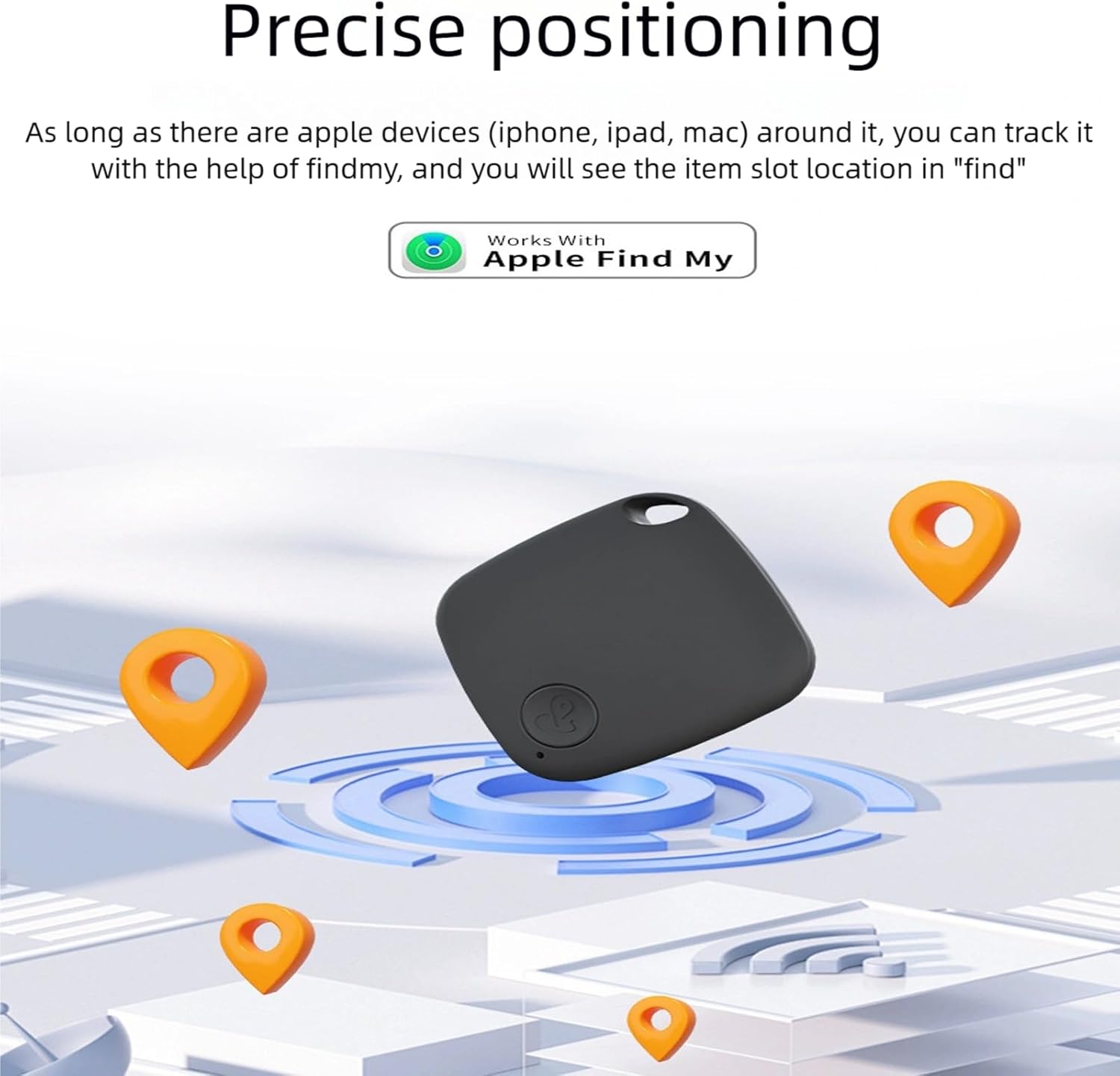 A black Smart Tag surrounded by orange location pins, with text indicating 'Works With Apple Find My'.