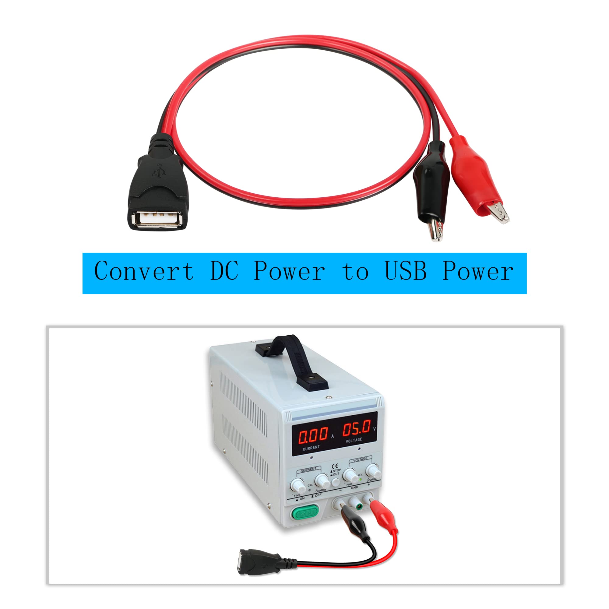 PNGKNYOCN Sonda da ponticello con clip a coccodrillo a USB maschio e femmina Wre 18AWG adattatore filo rosso e nero a coccodrillo clip di prova 50 cm per testare il circuito