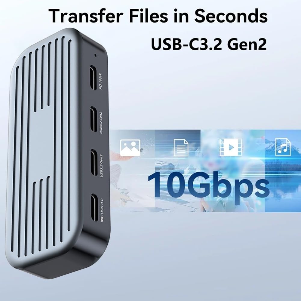Hub USB C 10 Gb/s z wyjściem wideo 4K przy 60 Hz, PD100 W, adapter rozdzielacza USB 3.2 Gen2 do laptopa