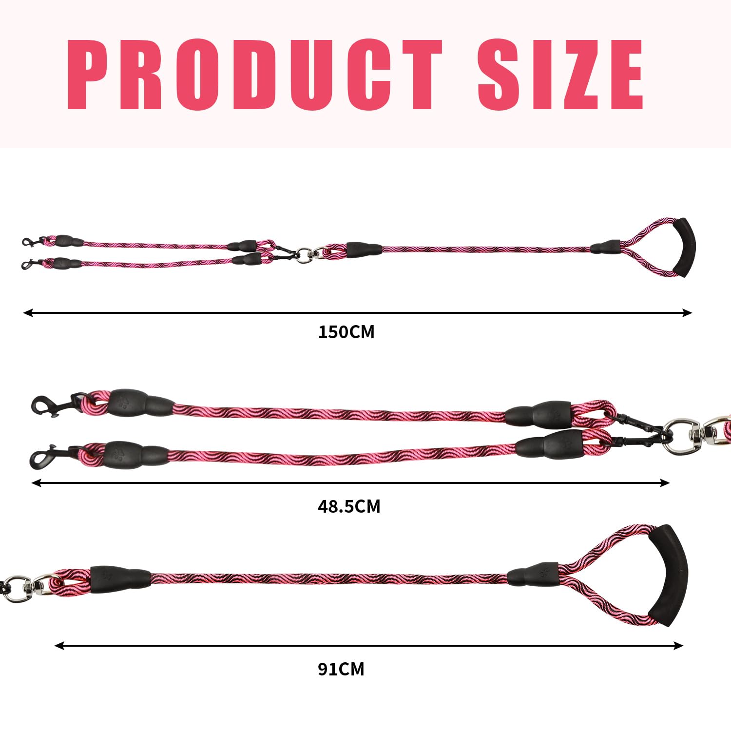 Momgyaamz Double Dog Leash, Tangle-free, Detachable, For Small & Medium Dogs, Pink, 150 cm, roses - Image 2