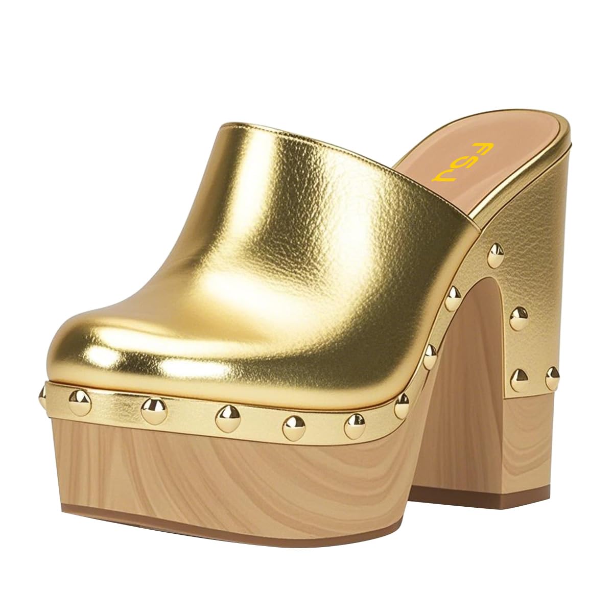 FSJ Women Closed Round Toe Mules High Chunky Heeled Sandals Slip On Platform Wooden Clogs Studs Comfy Shoes Size 4-16 US