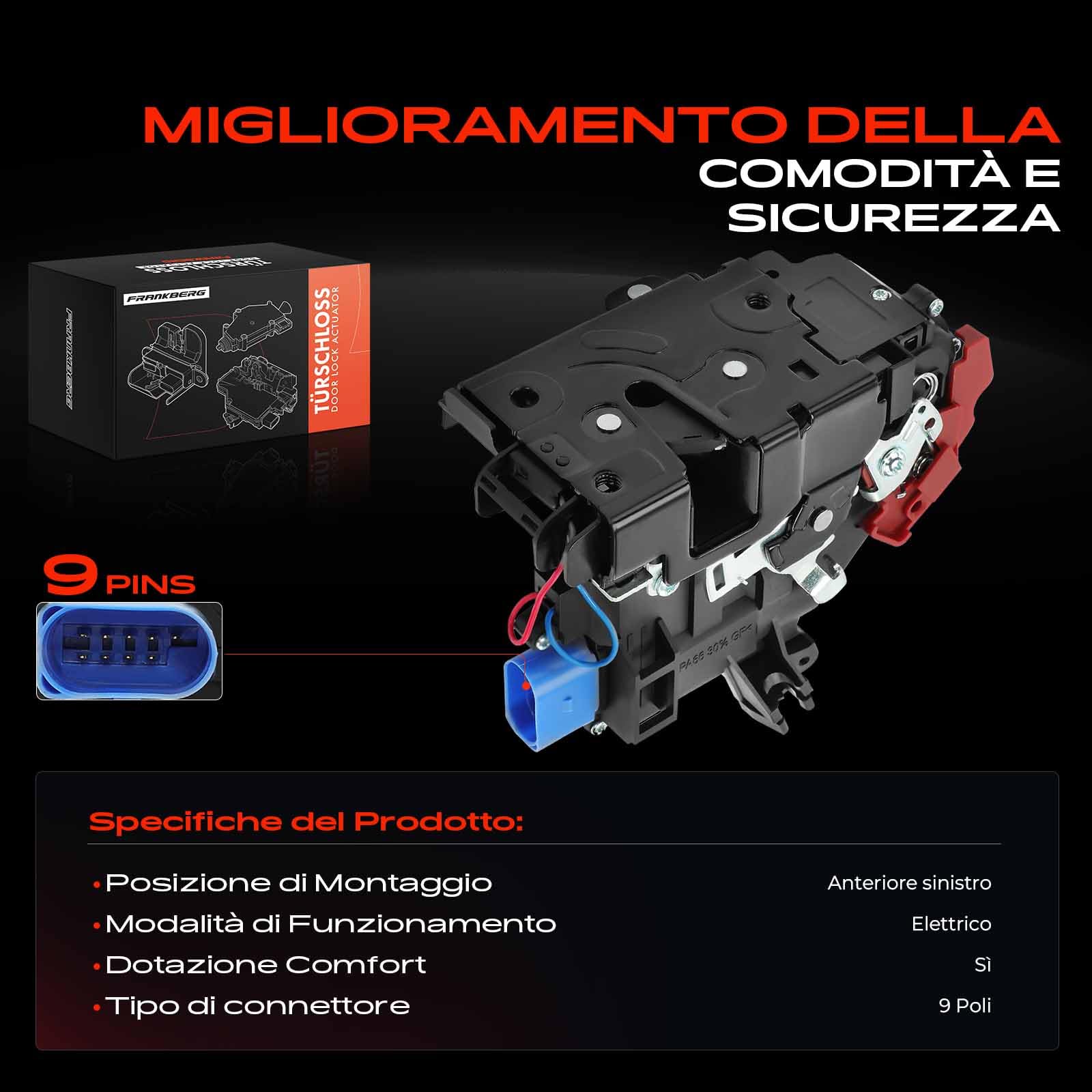 Frankberg Serratura porta serratura auto Anteriore sinistro Compatibile con Golf V 1K1 Golf Plus 521 5M1 Golf VI Variante AJ5 Golf V Variante 1K5 T.o.u.r.a.n 1T1 1T2 Replace# 3D1837015