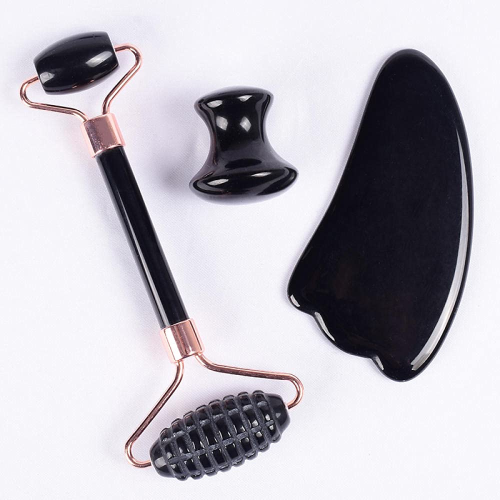 gua sha viso Rullo di Guasha di Guasha di Guasha Set di Guasha Natural Black Obsidian Crystal Stone-rullo di segale