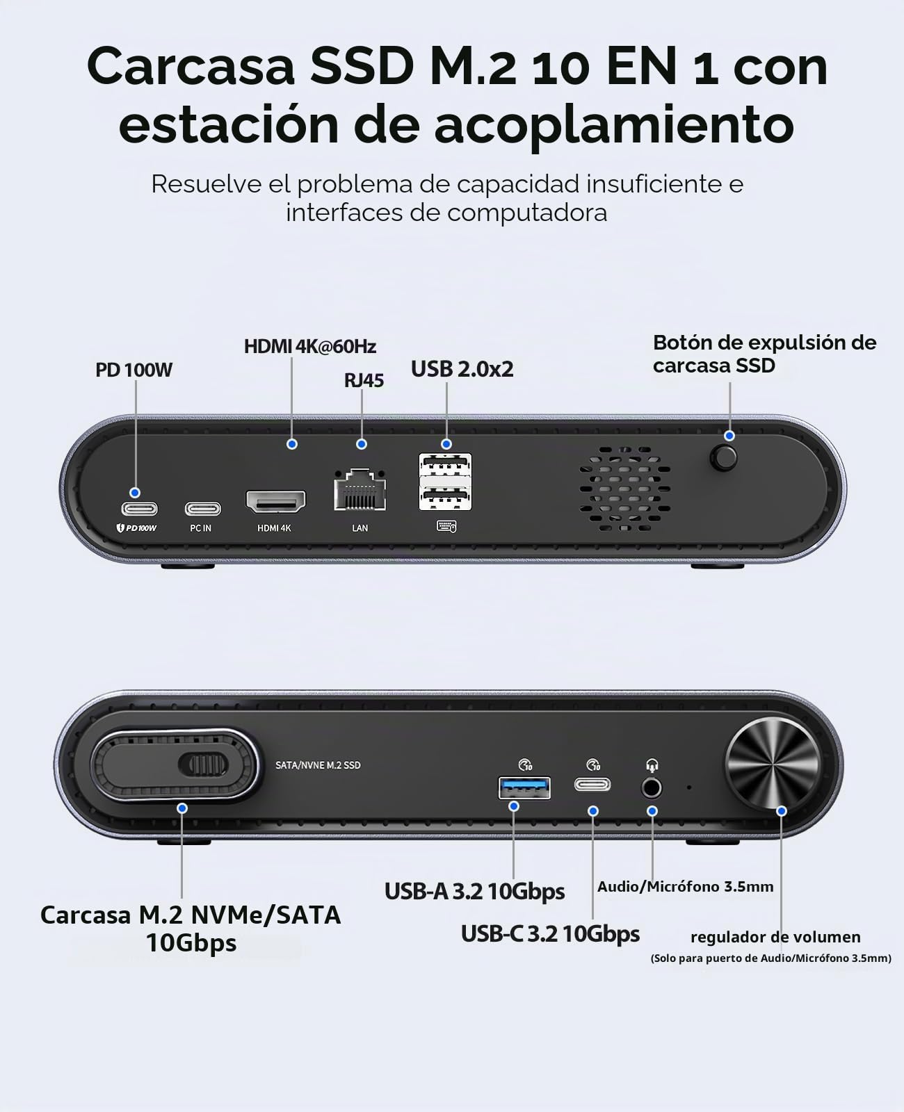 Base ORICO 10-en-1 USB-C con Carcasa SSD M.2 NVMe/SATA, USB 3.2 10Gbps, HDMI 4K@60Hz, PD 100W, RJ45, Audio 3,5mm - para MacBook Pro/Air (PTM1)